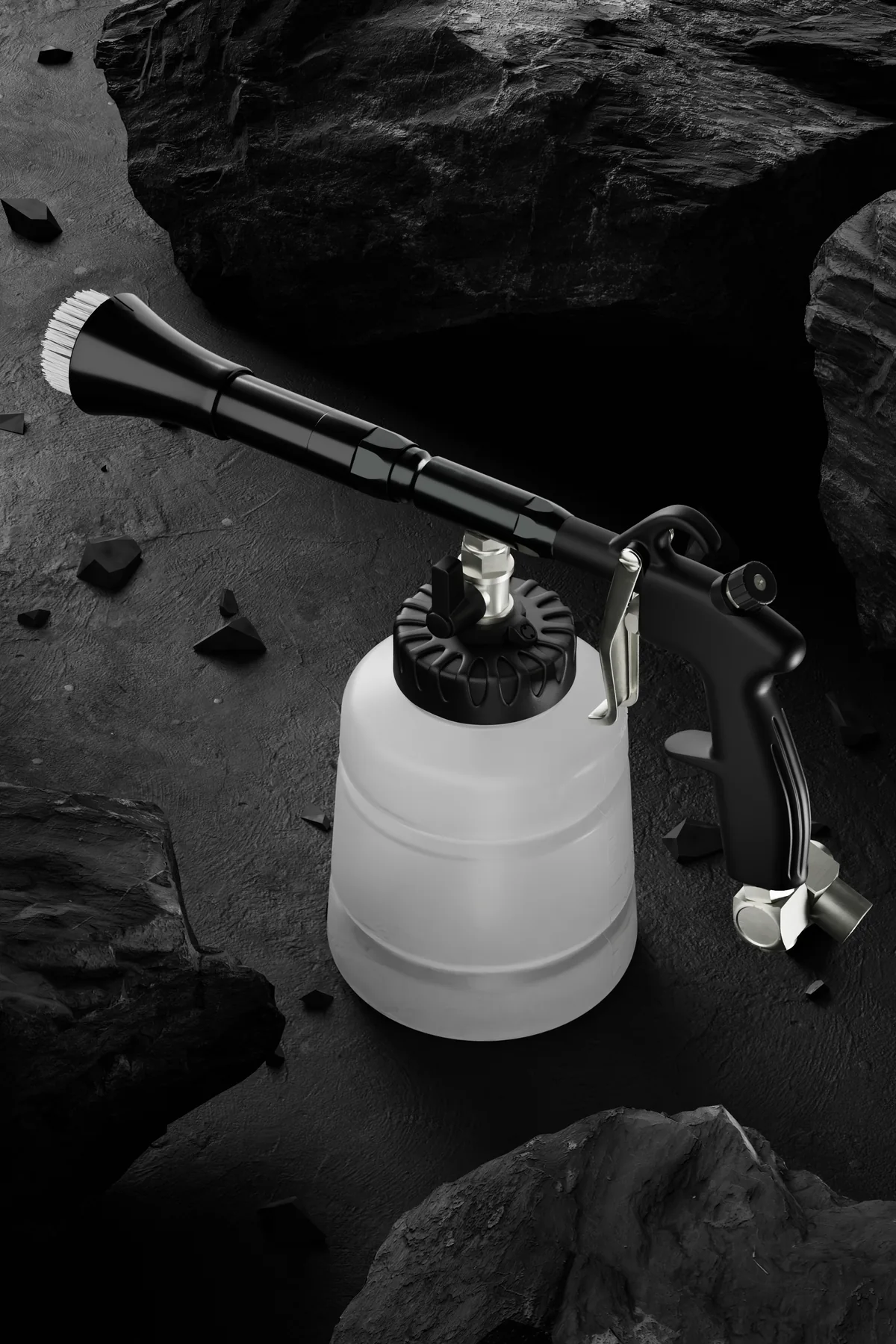 Car interior cleaning gun, 3D render on dark stone