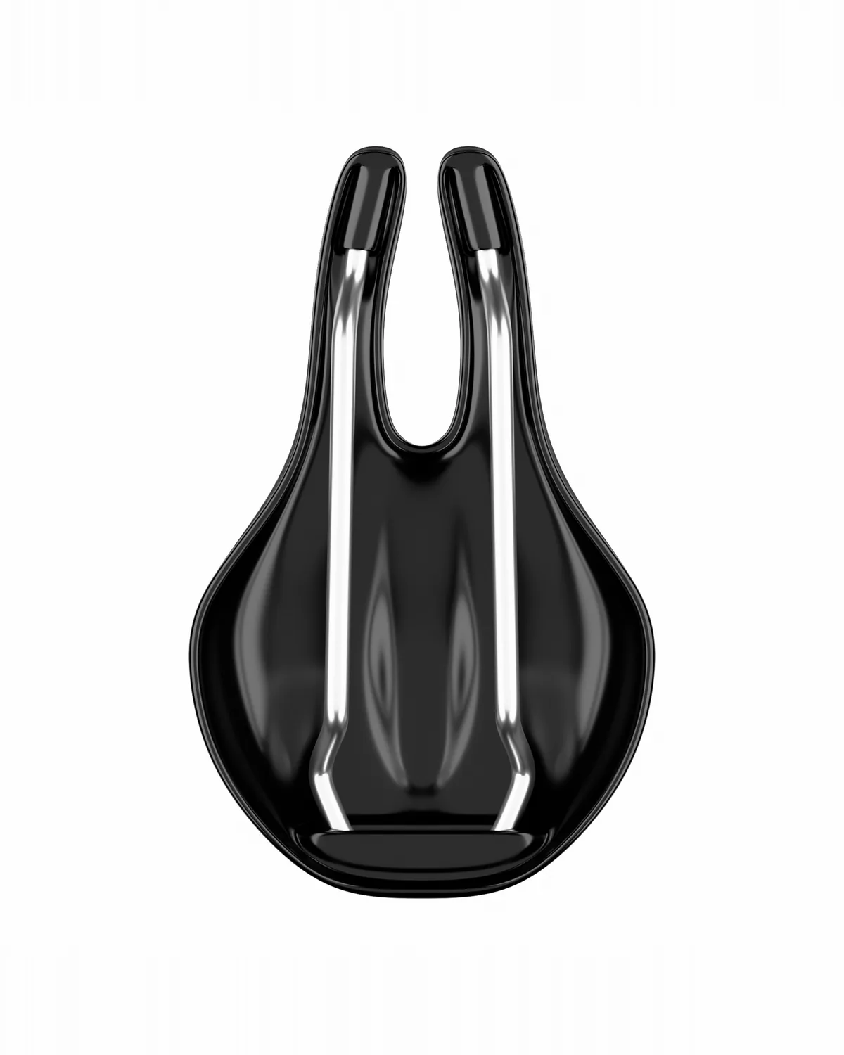 Black bike saddle with a center cut out and metal rails