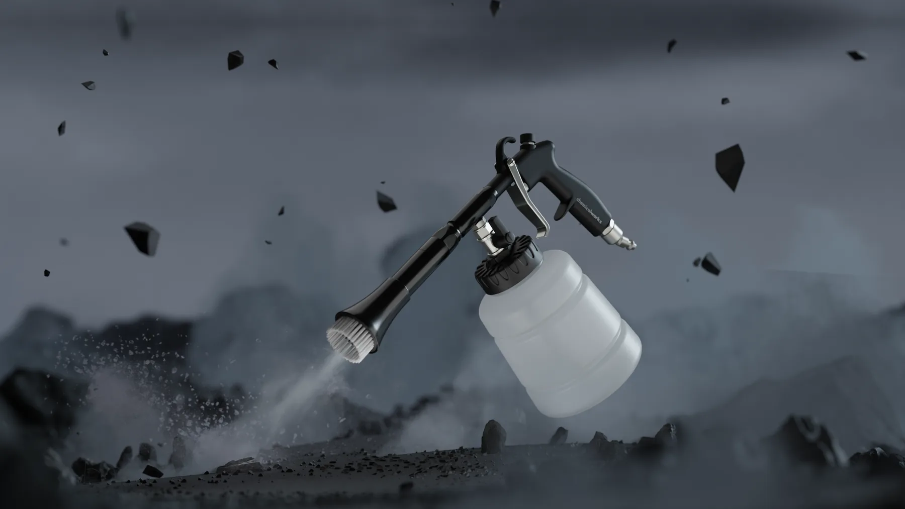 Car interior cleaning gun with a frosted bottle, rendered on dark stone in light fog