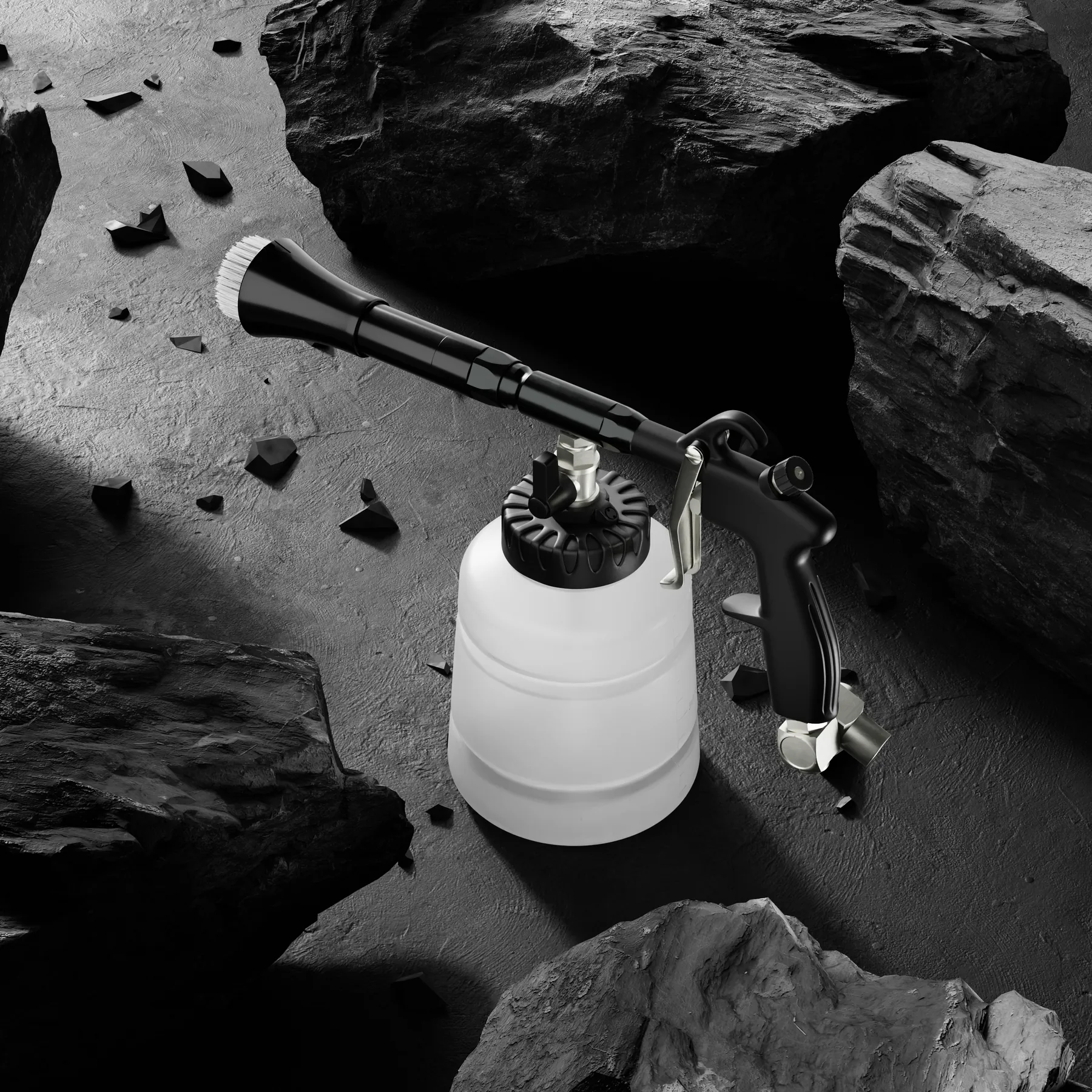 Cleaning gun standing among dark rocks