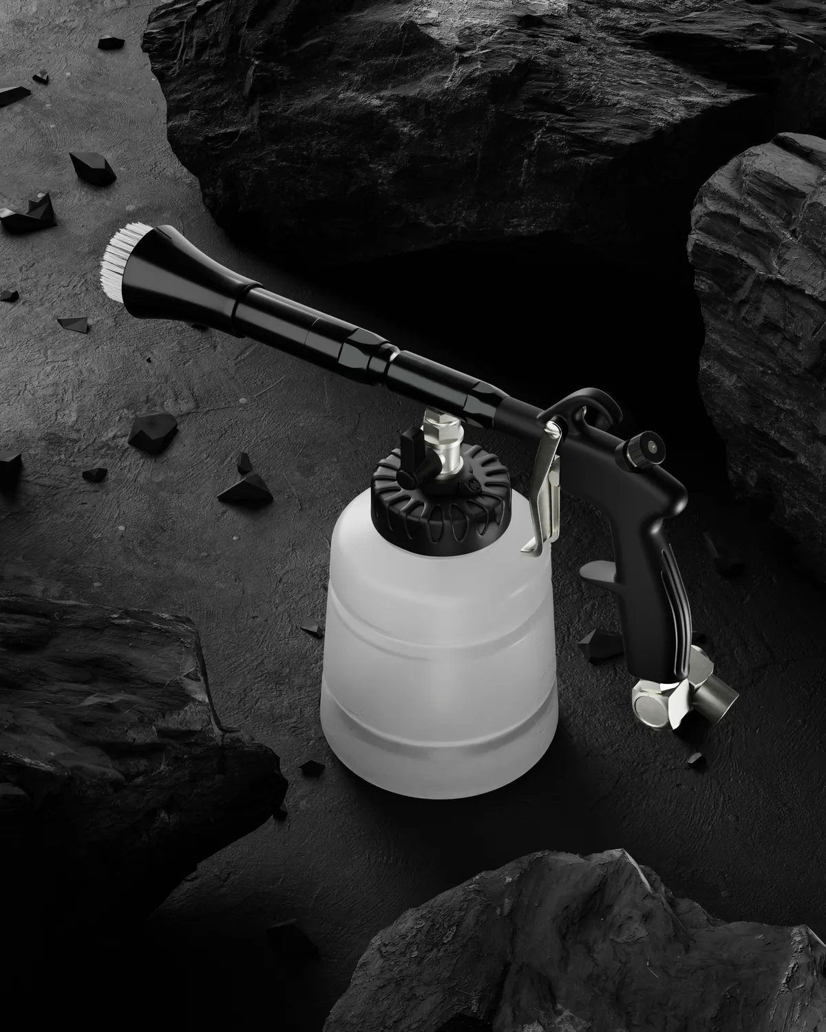 Car interior cleaning gun with a frosted bottle, rendered on dark stone in light fog