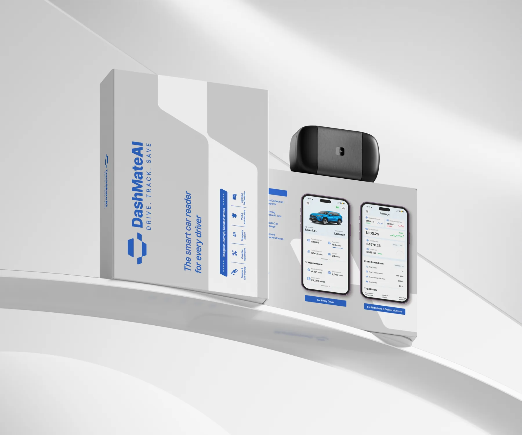 DashMate AI box front with feature icons, beside the back panel showing two app screens