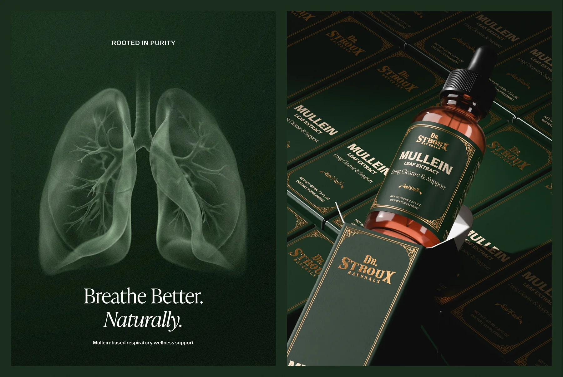 Dr. Stroux Naturals campaign layouts: Breathe Better Naturally, and cartons tiled in the background