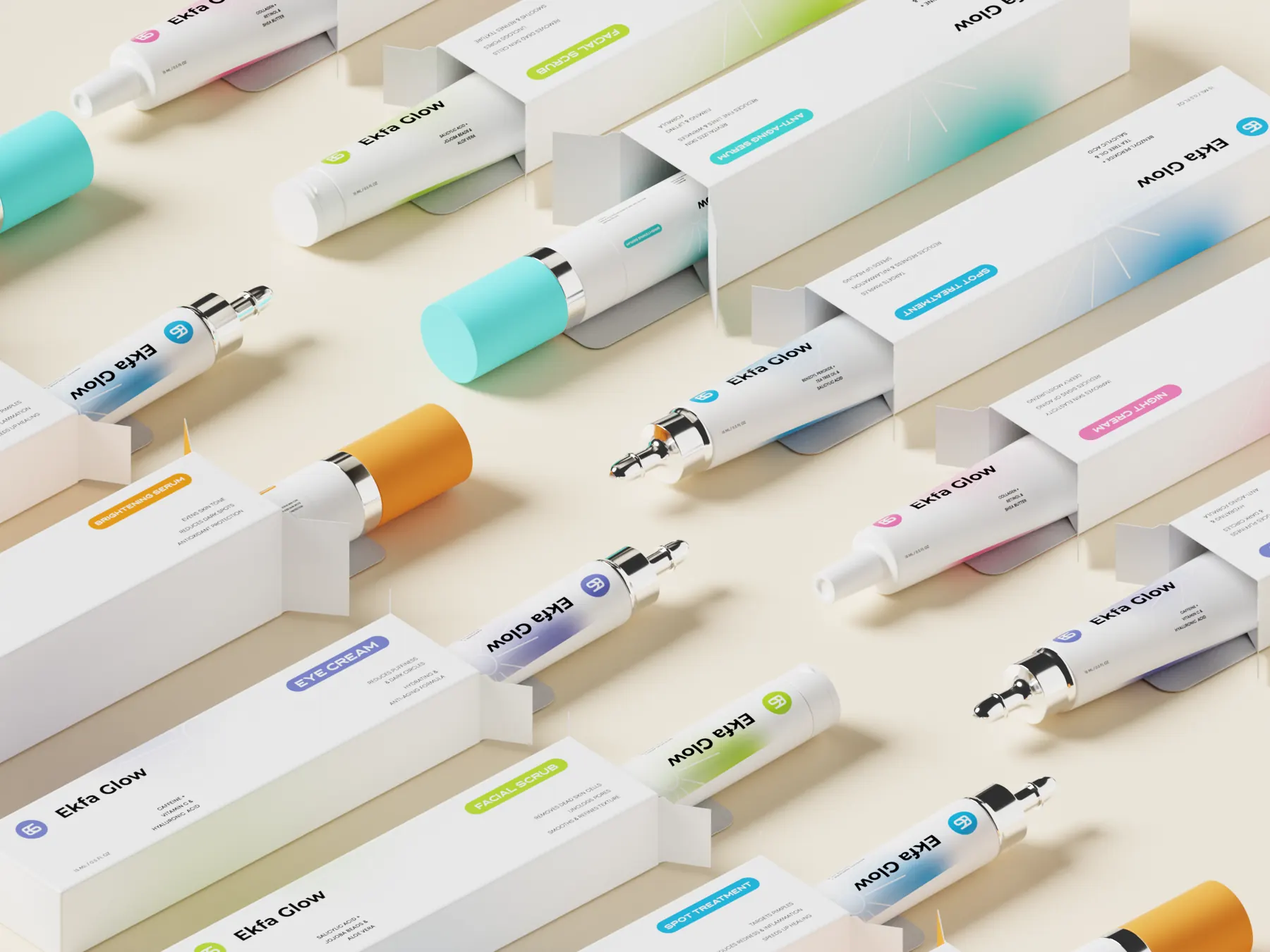 Ekfa Glow tubes, serum bottles and cartons arranged in rows, showing the six accent colors