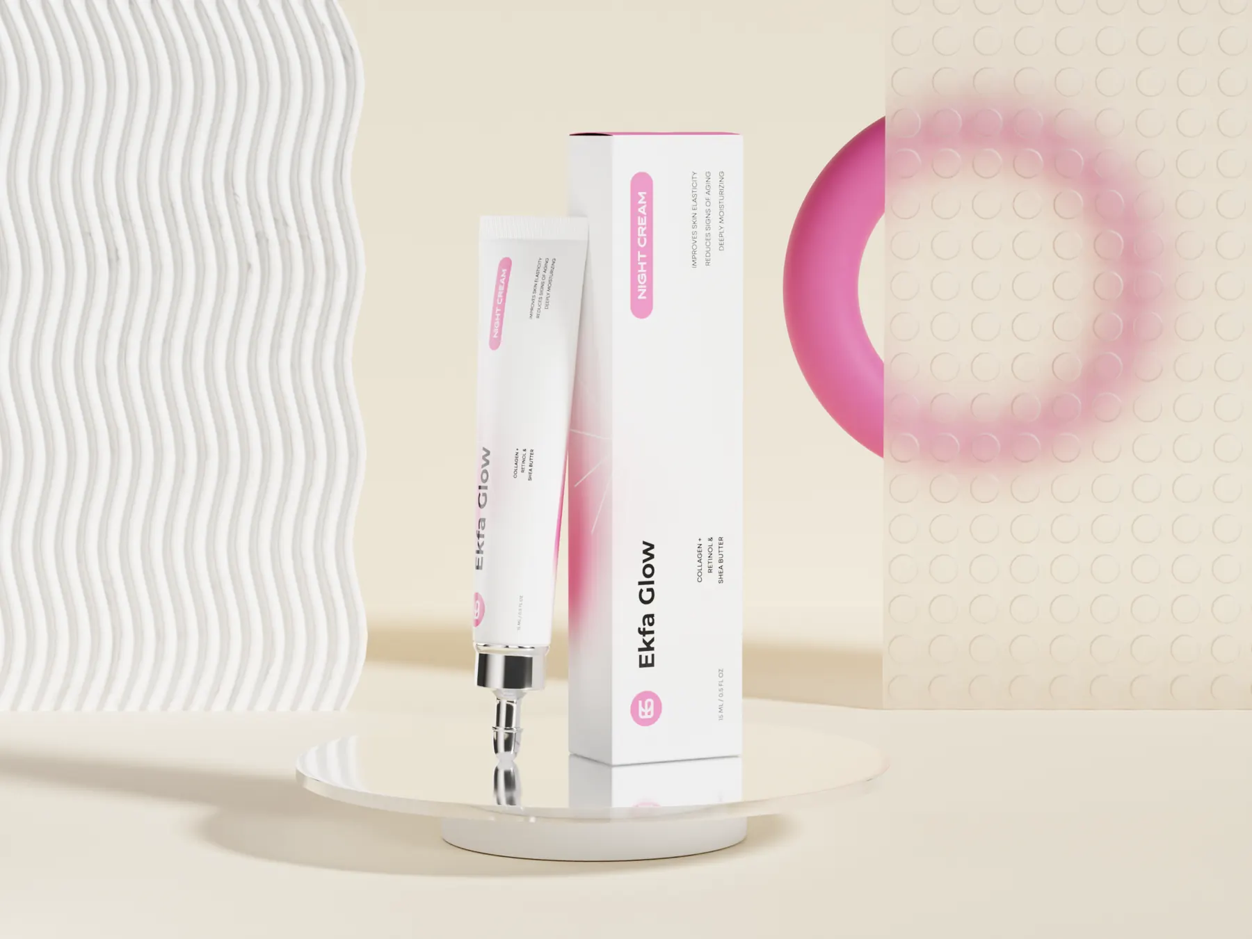 Ekfa Glow Night Cream tube and carton with a pink accent