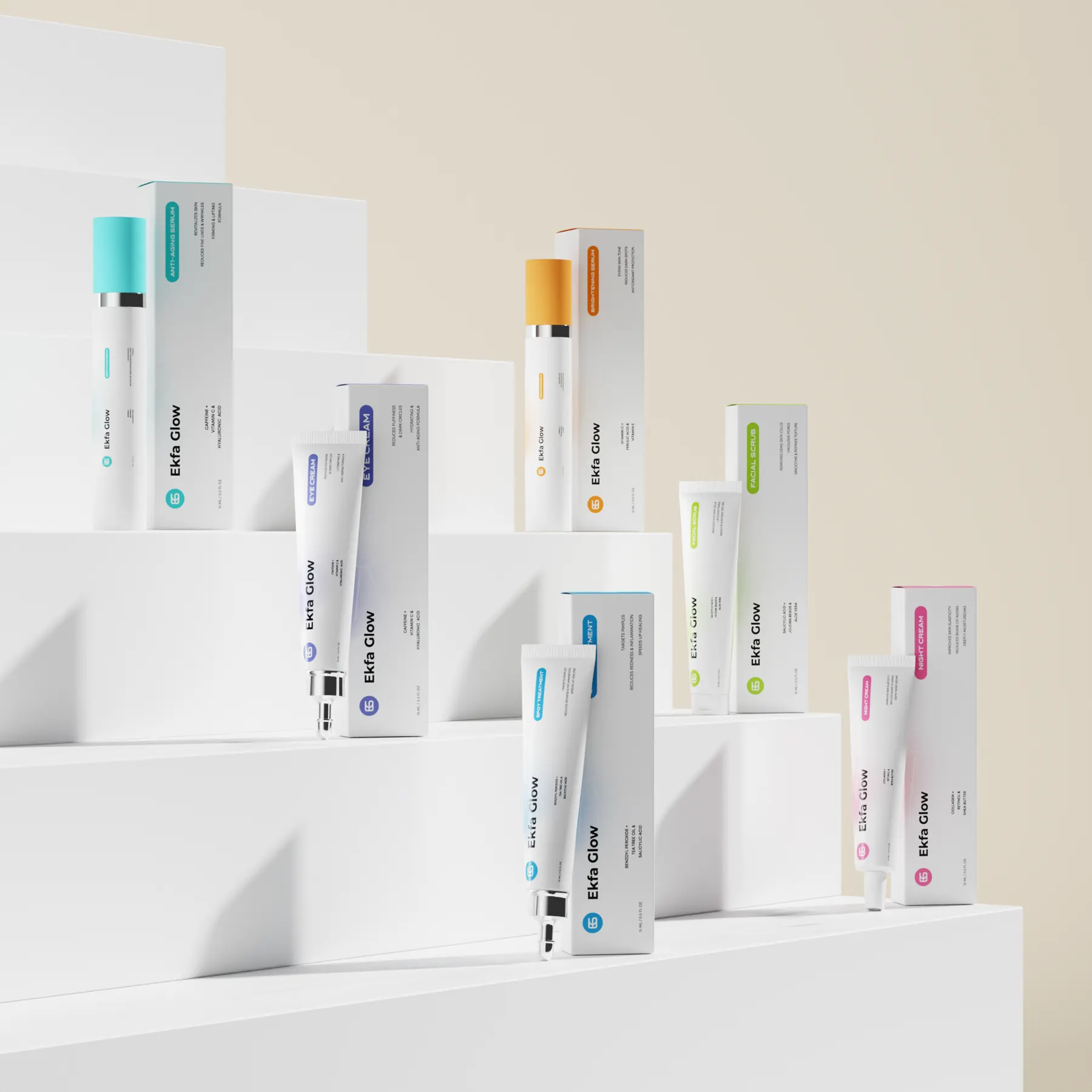 The Ekfa Glow range displayed on white steps