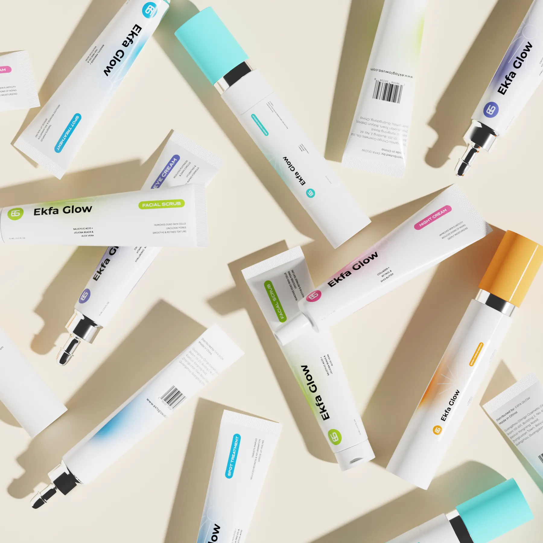 Ekfa Glow tubes and serums from above, showing front and back panels
