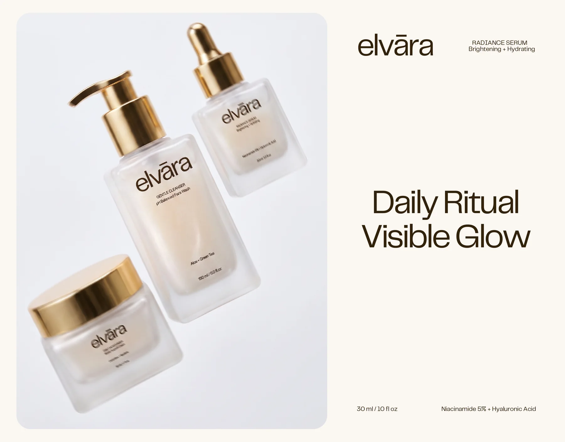 Elvara skincare packaging: frosted glass cleanser, serum and moisturizer with gold closures