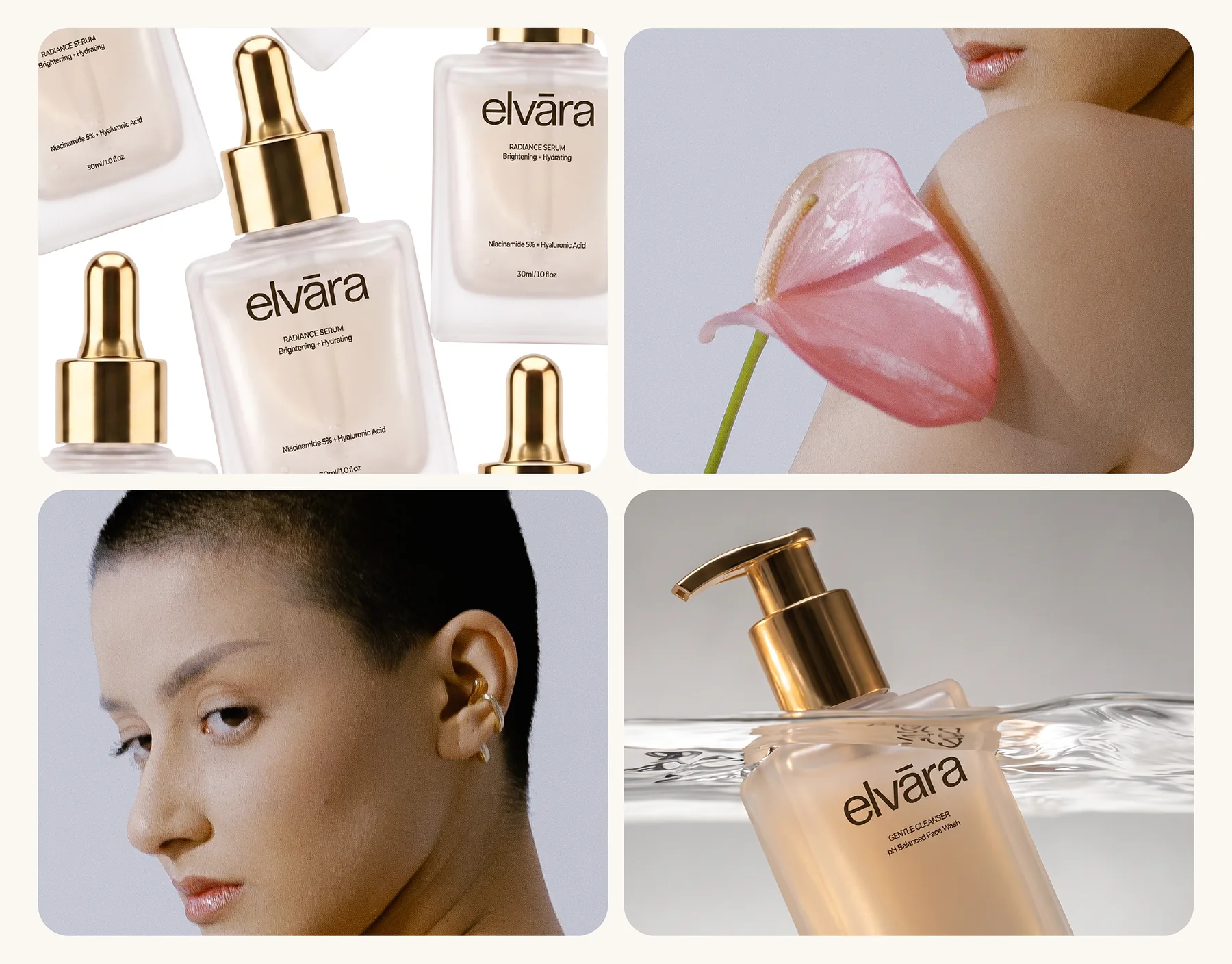 Elvara Radiance Serum and Gentle Cleanser with editorial portraits