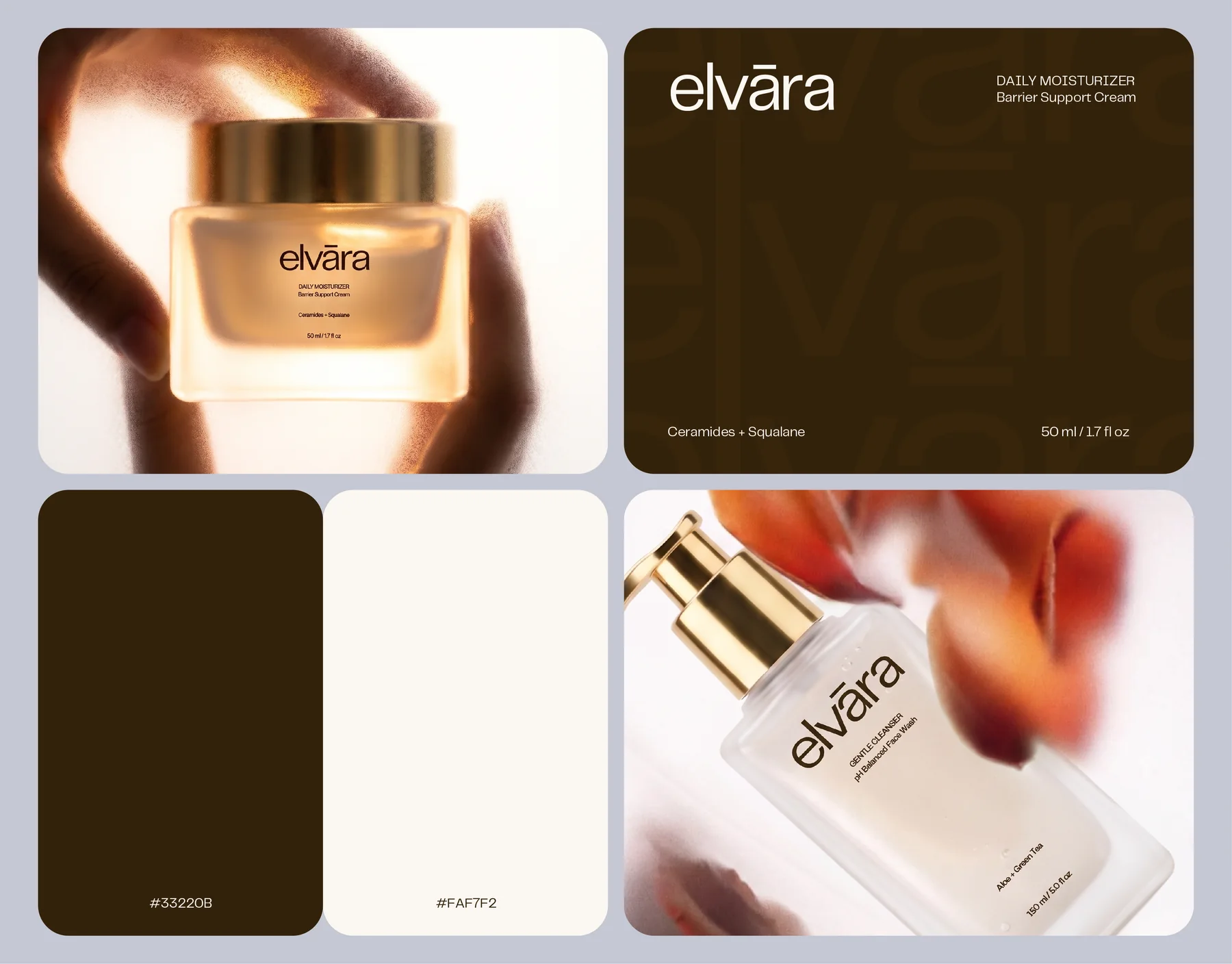 Elvara Daily Moisturizer jar, a brown brand panel and the color palette