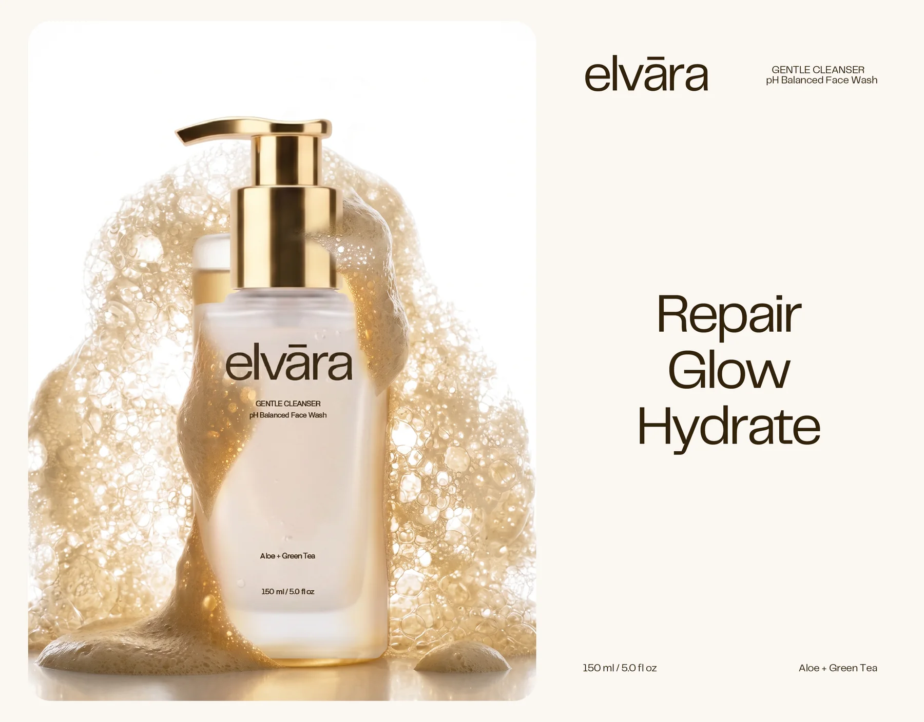 Elvara Gentle Cleanser in foam beside the headline Repair, Glow, Hydrate