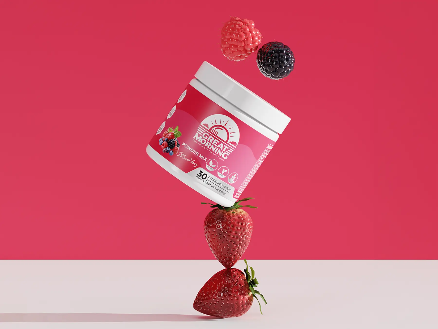 Great Morning tub with berries falling past it on a gradient red background