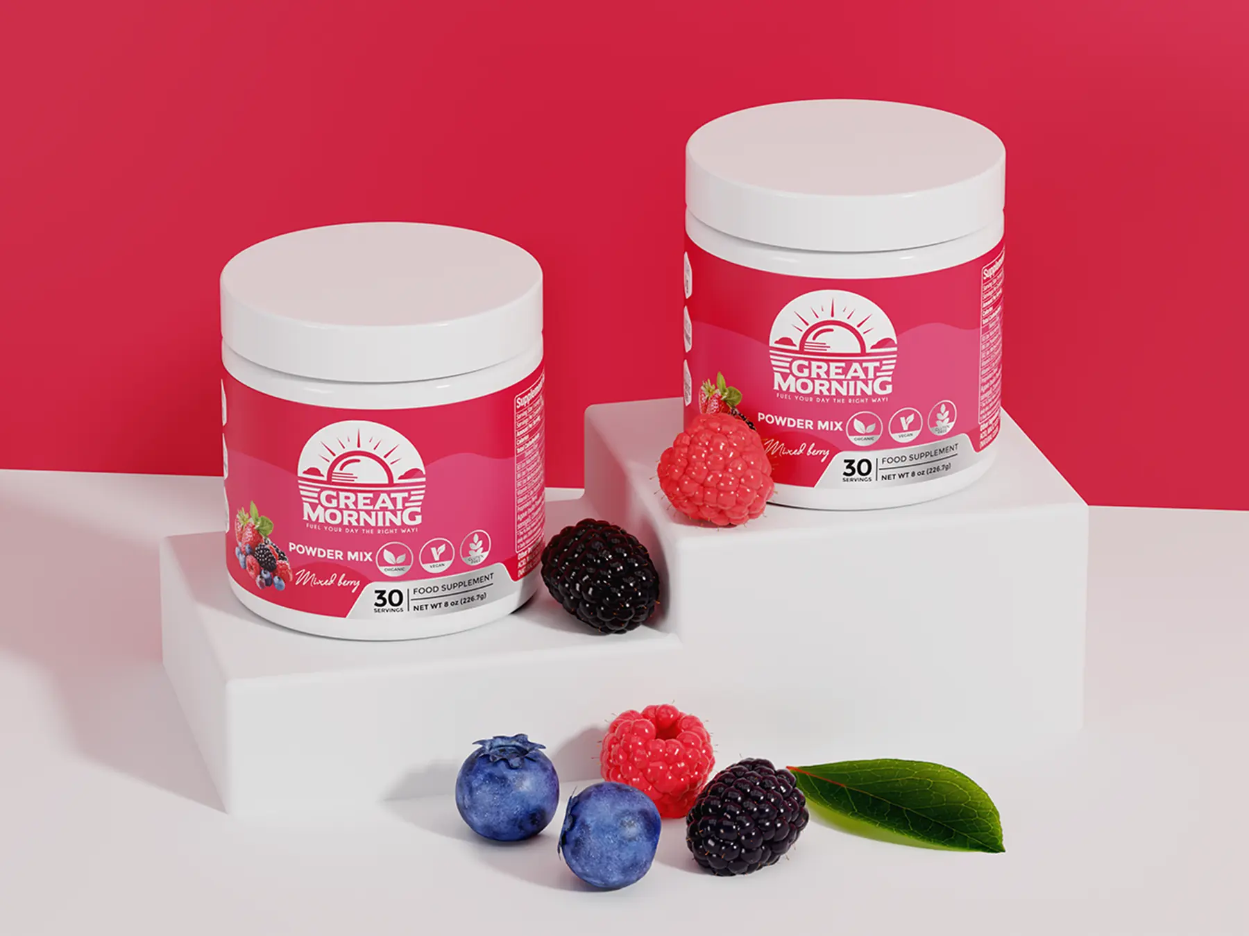 Two Great Morning tubs staged on white blocks with fresh berries