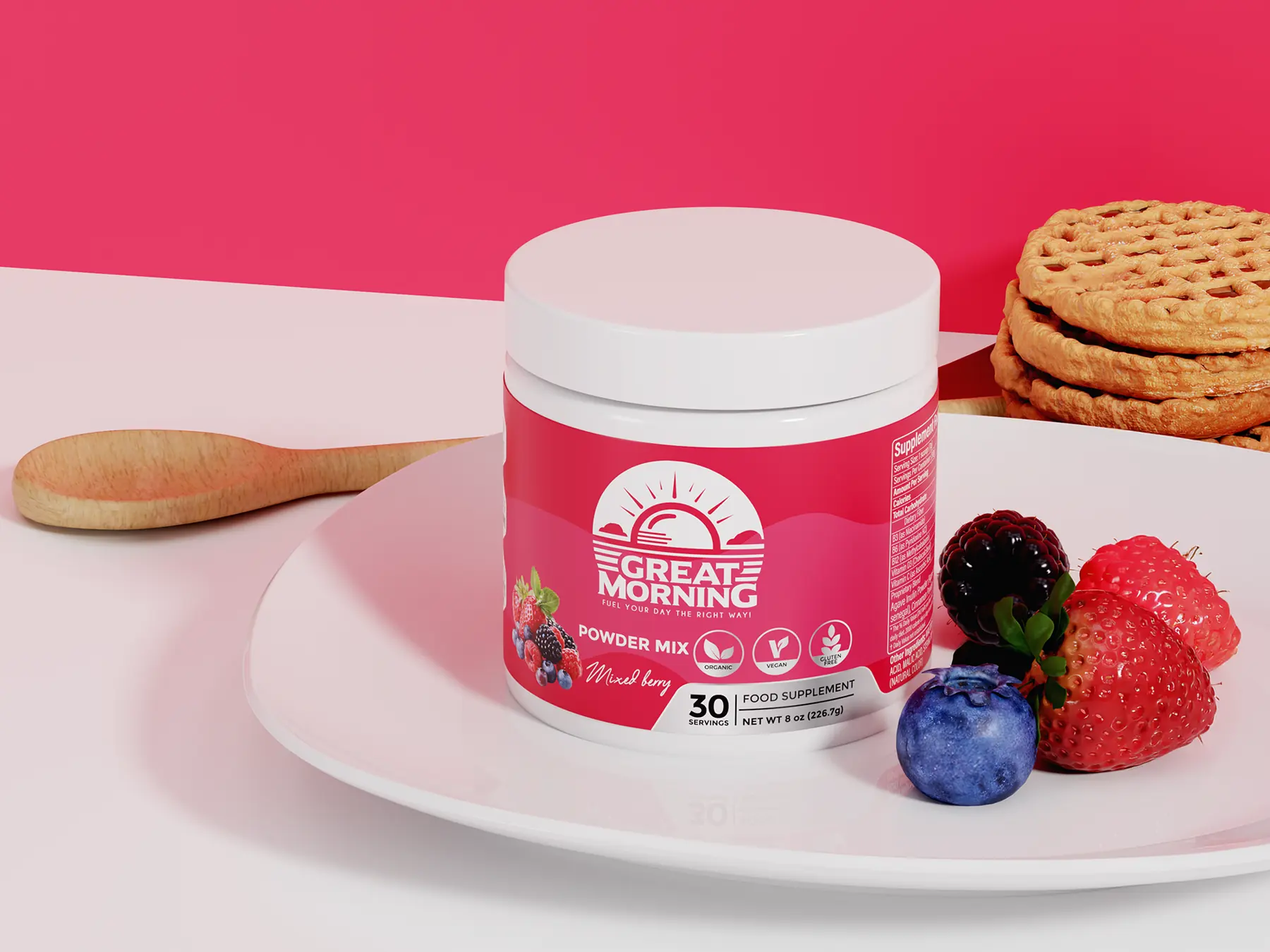 Great Morning tub plated with berries, a wooden spoon and crackers