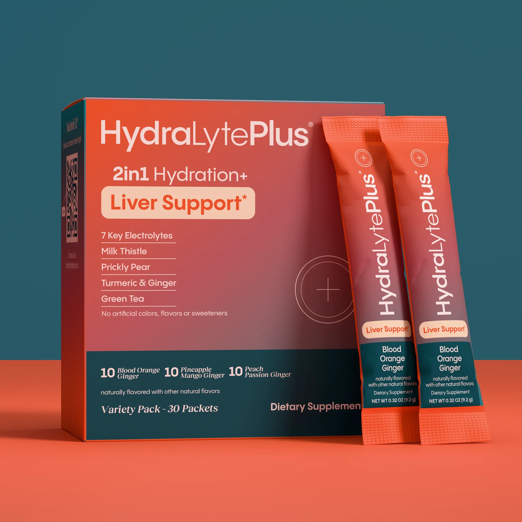 HydraLytePlus carton and two stick packs on a coral and teal set