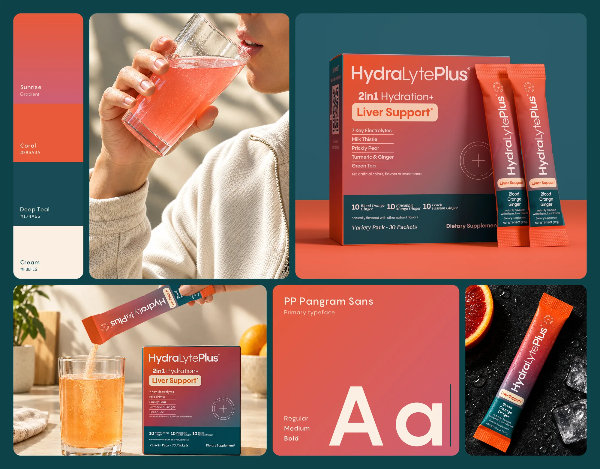 HydraLytePlus brand board: color palette, PP Pangram Sans and the carton, stick pack and lifestyle images