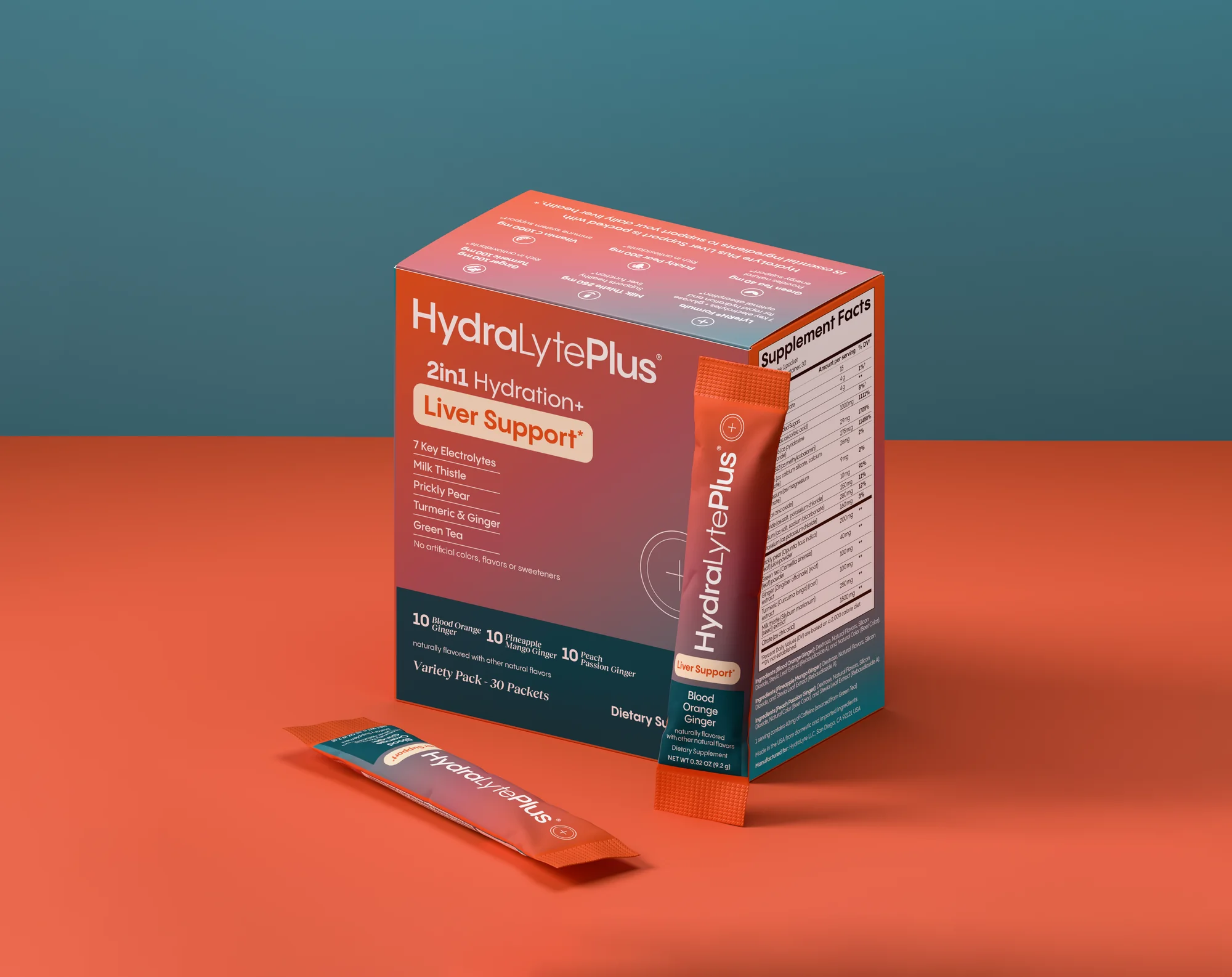 HydraLytePlus Liver Support carton and two stick packs on a coral and teal set