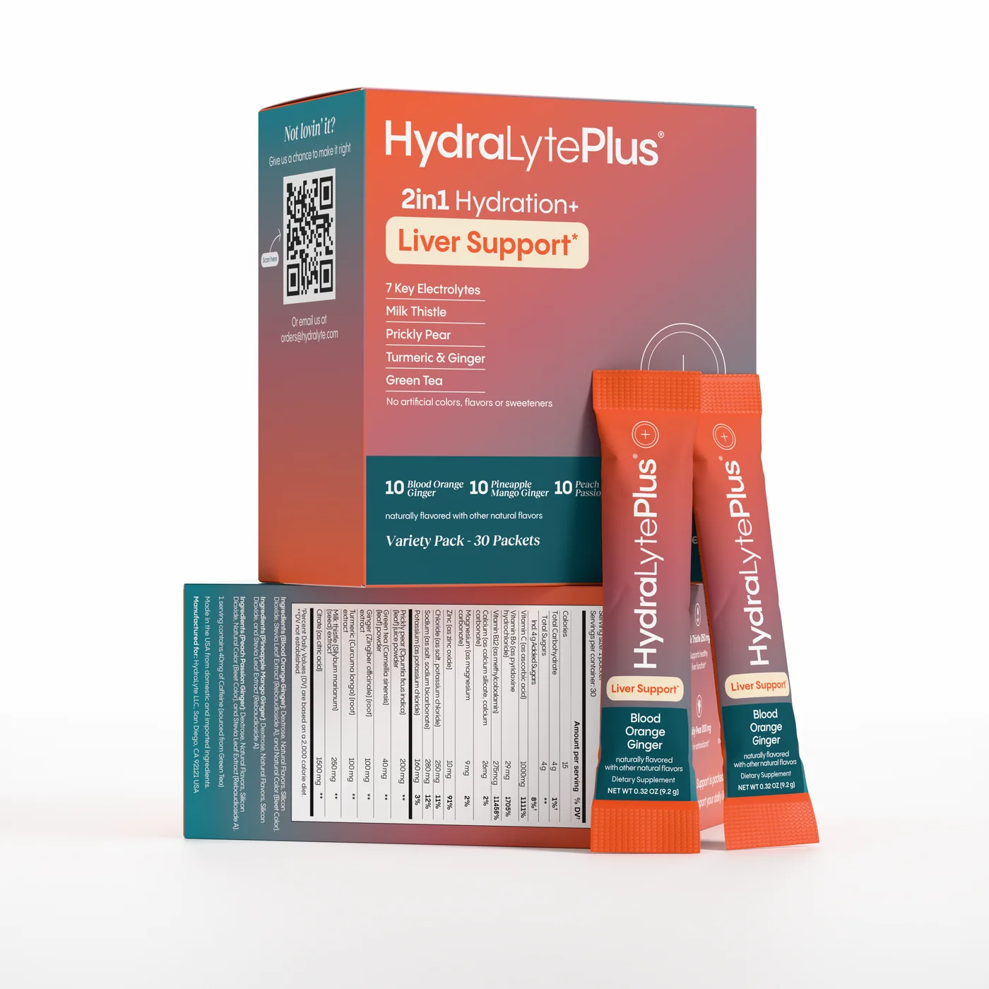 HydraLytePlus carton front and back with two stick packs on white