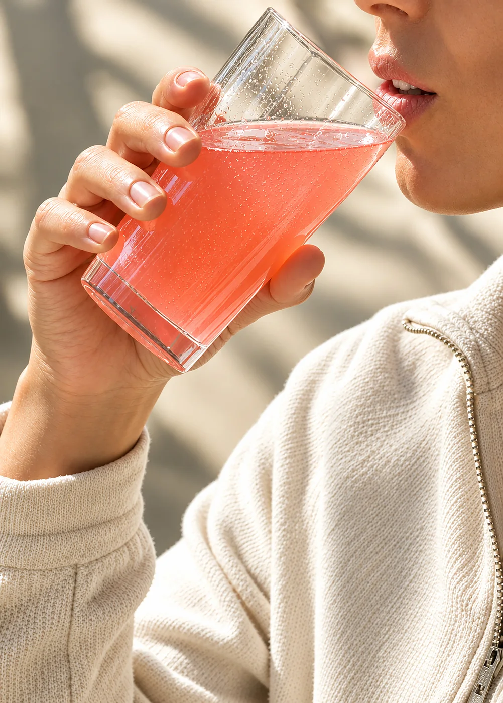 A woman drinking a pink HydraLytePlus drink in warm light