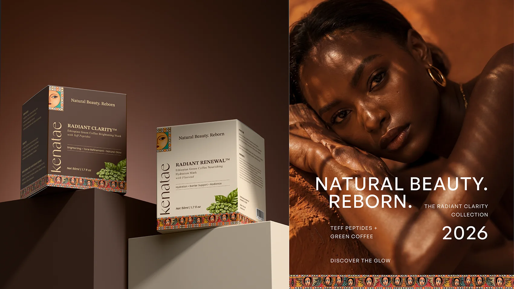 Kenatae Radiant Clarity and Radiant Renewal cartons beside a Natural Beauty Reborn campaign poster