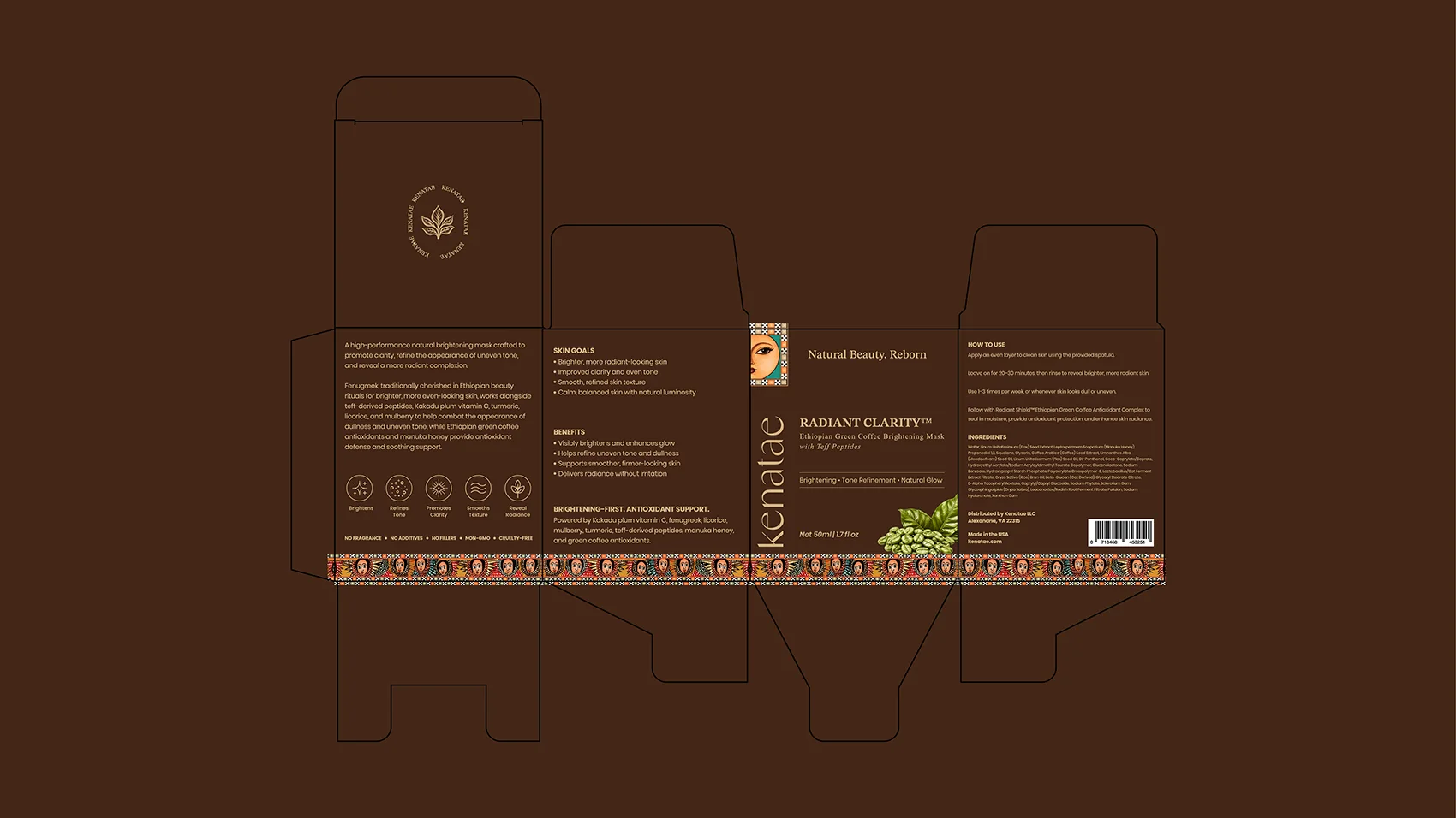 Kenatae carton dieline artwork with ingredient copy and the woven pattern border