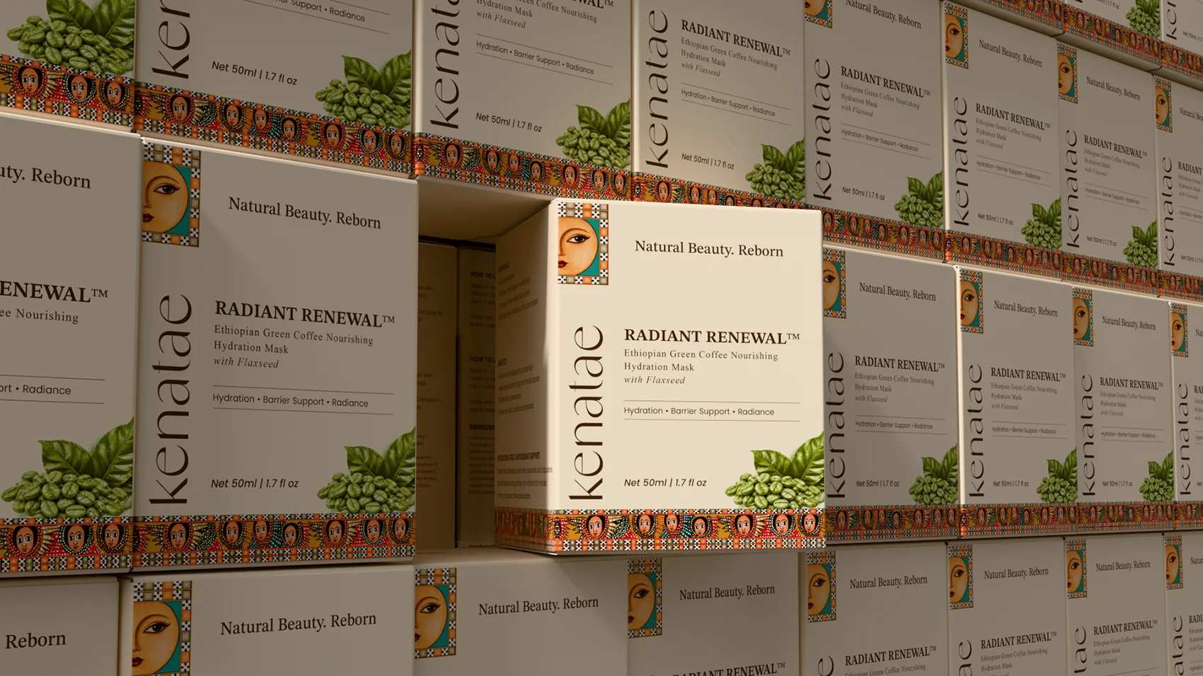 Close detail of Kenatae Radiant Renewal cartons on a shelf
