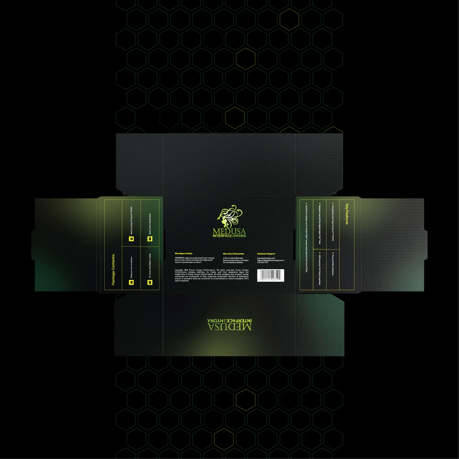 Medusa Interface for Hydra dieline and logo mark on a dark gradient