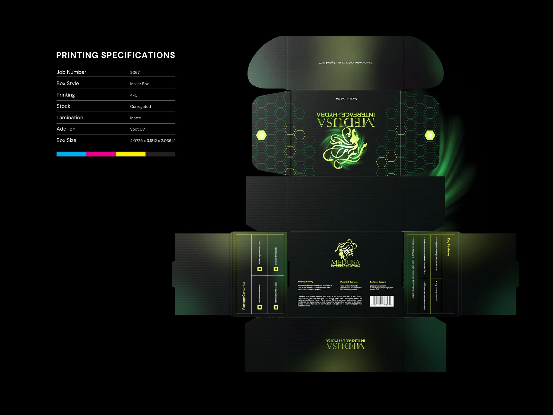 Medusa Interface for Hydra printing specification sheet with CMYK bar and dieline