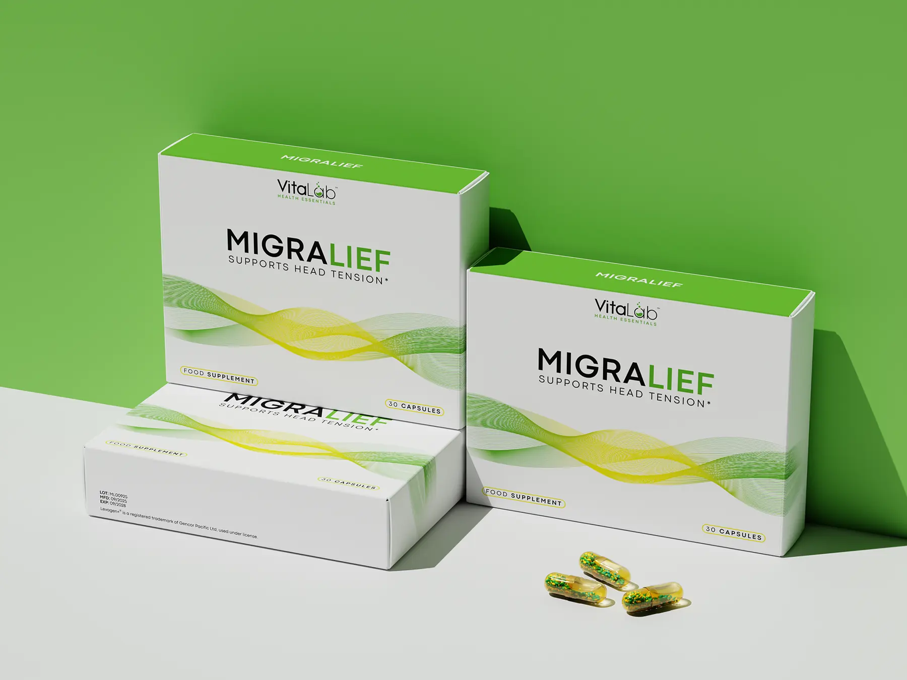 Migralief supplement cartons with a green wave graphic