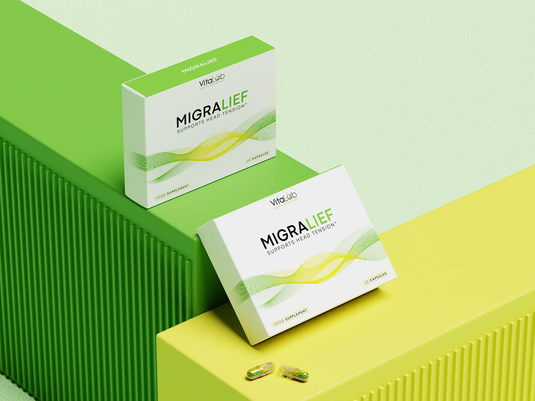Migralief supplement cartons on a green set
