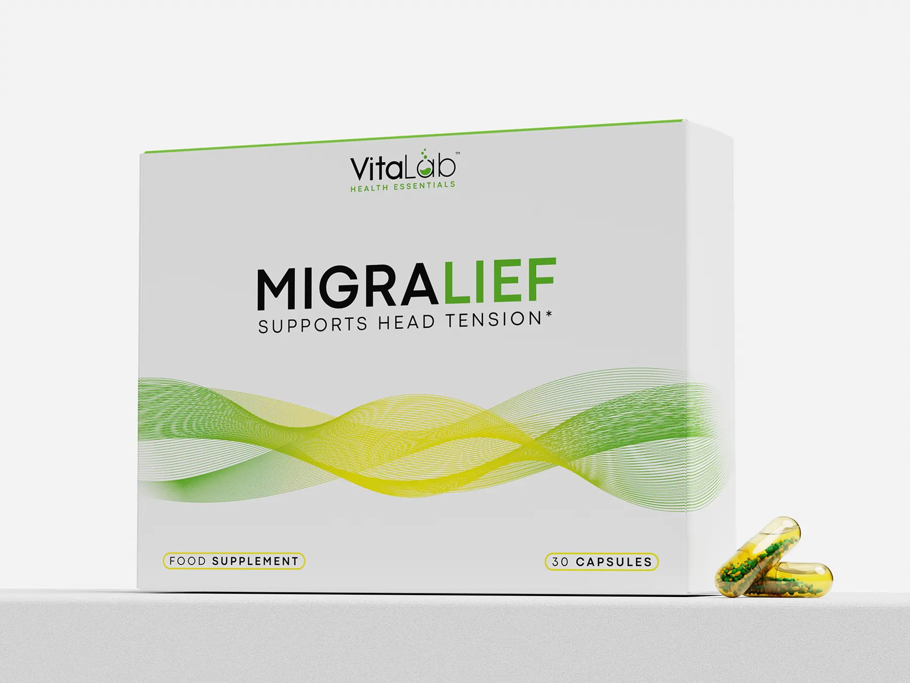 Migralief carton on a green and yellow stepped set