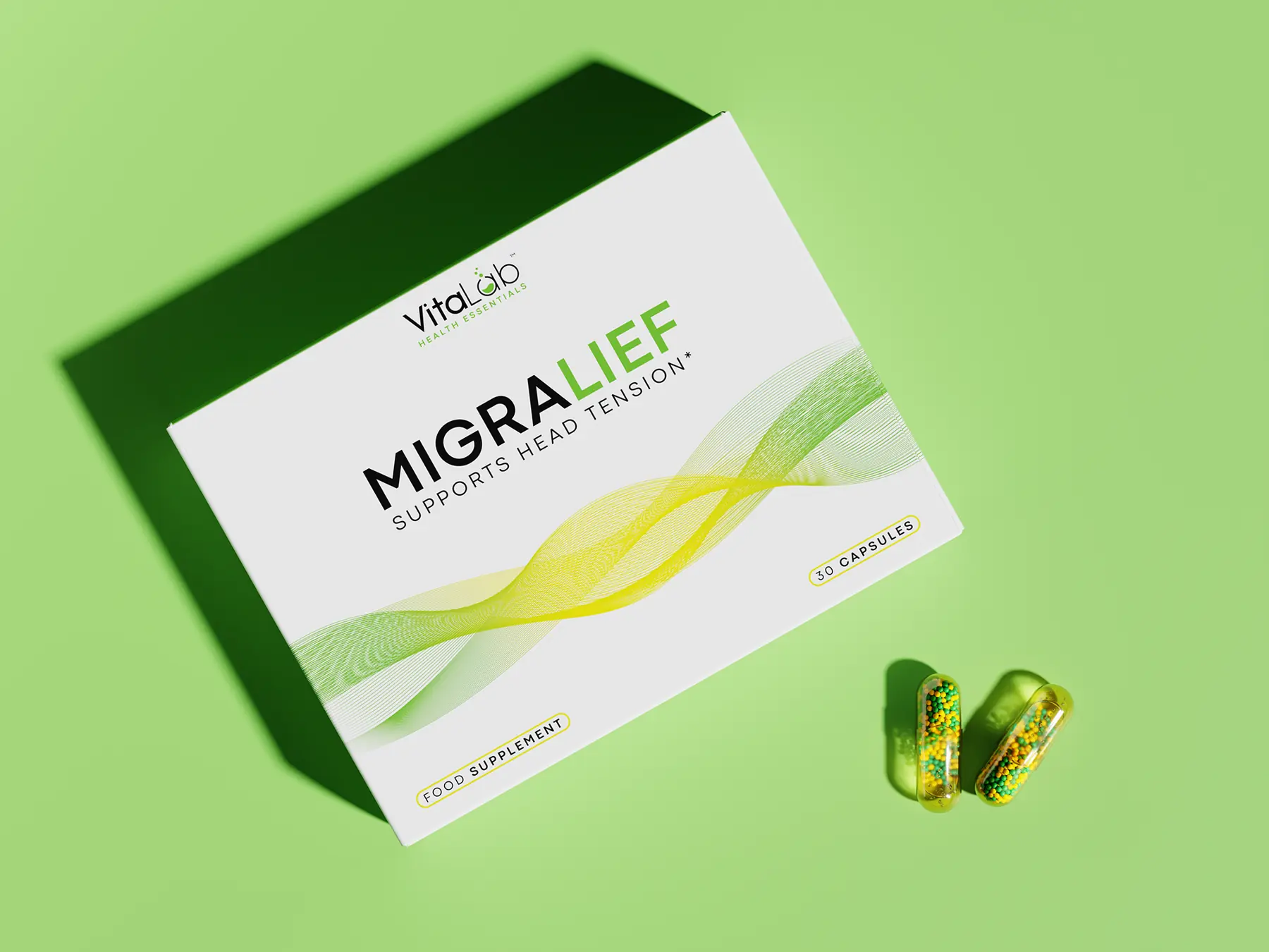 Migralief carton with a single softgel beside it