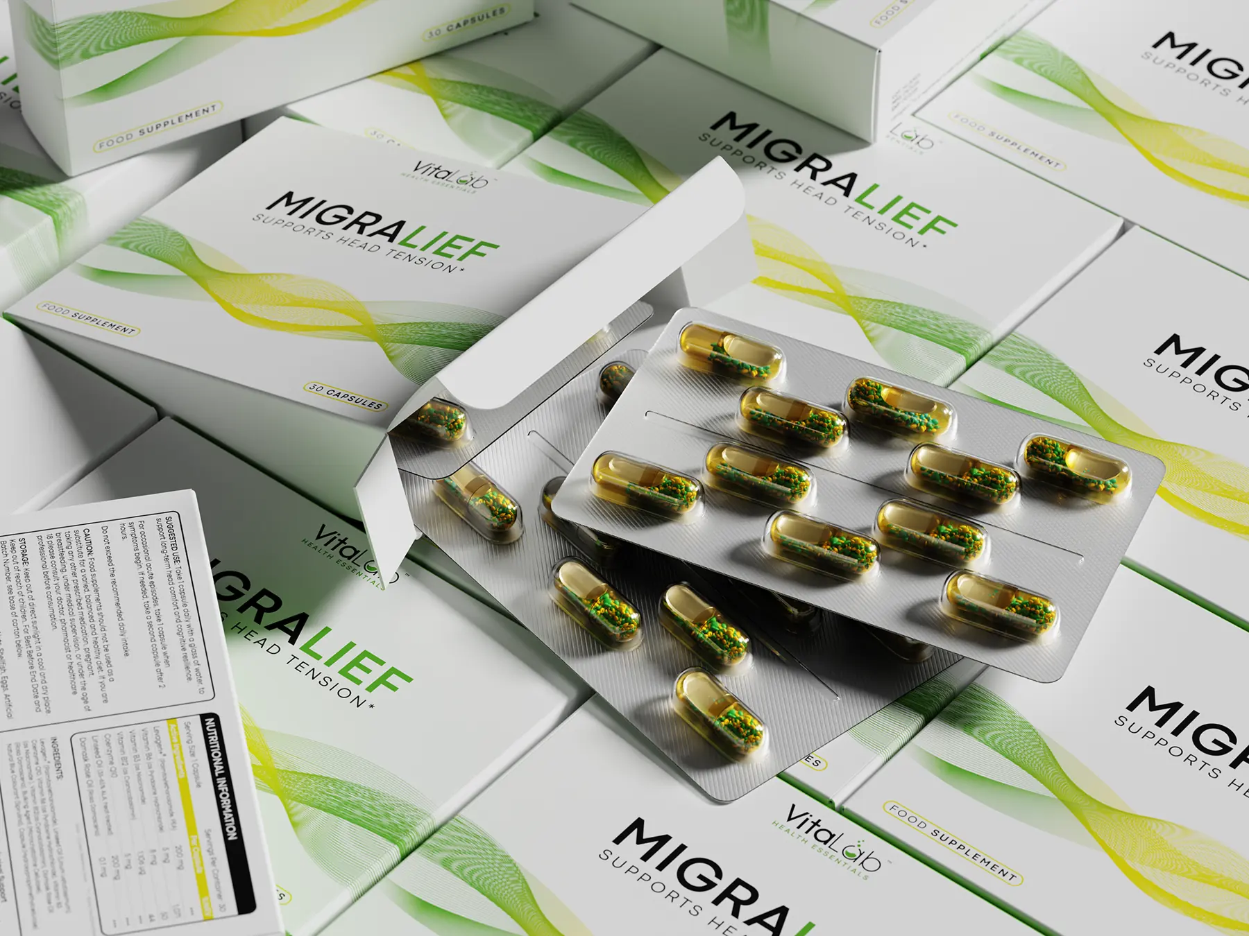 Supplement blister pack with softgels among printed cartons
