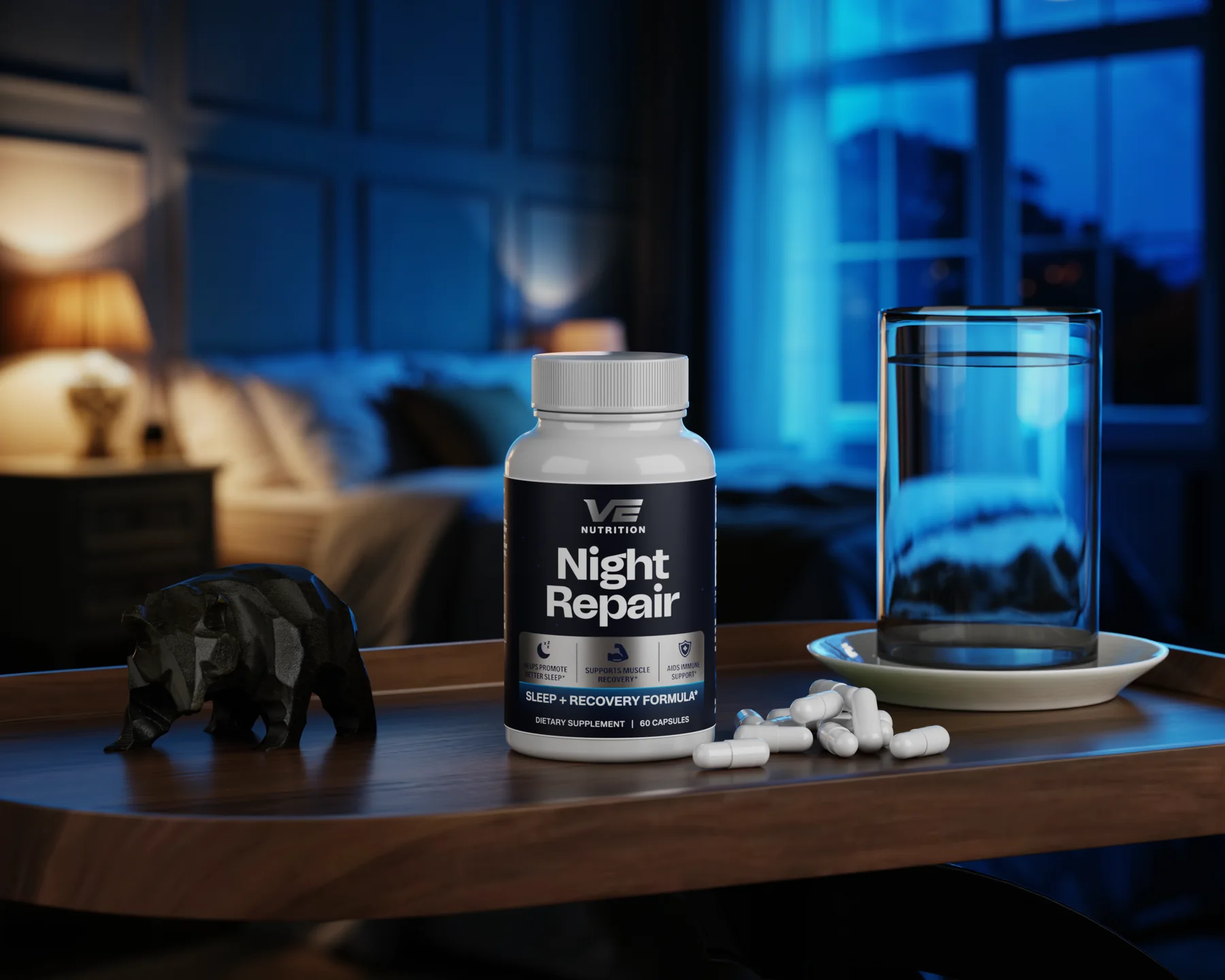 VE Nutrition Night Repair bottle beside a glass of water and a carved stone animal figure