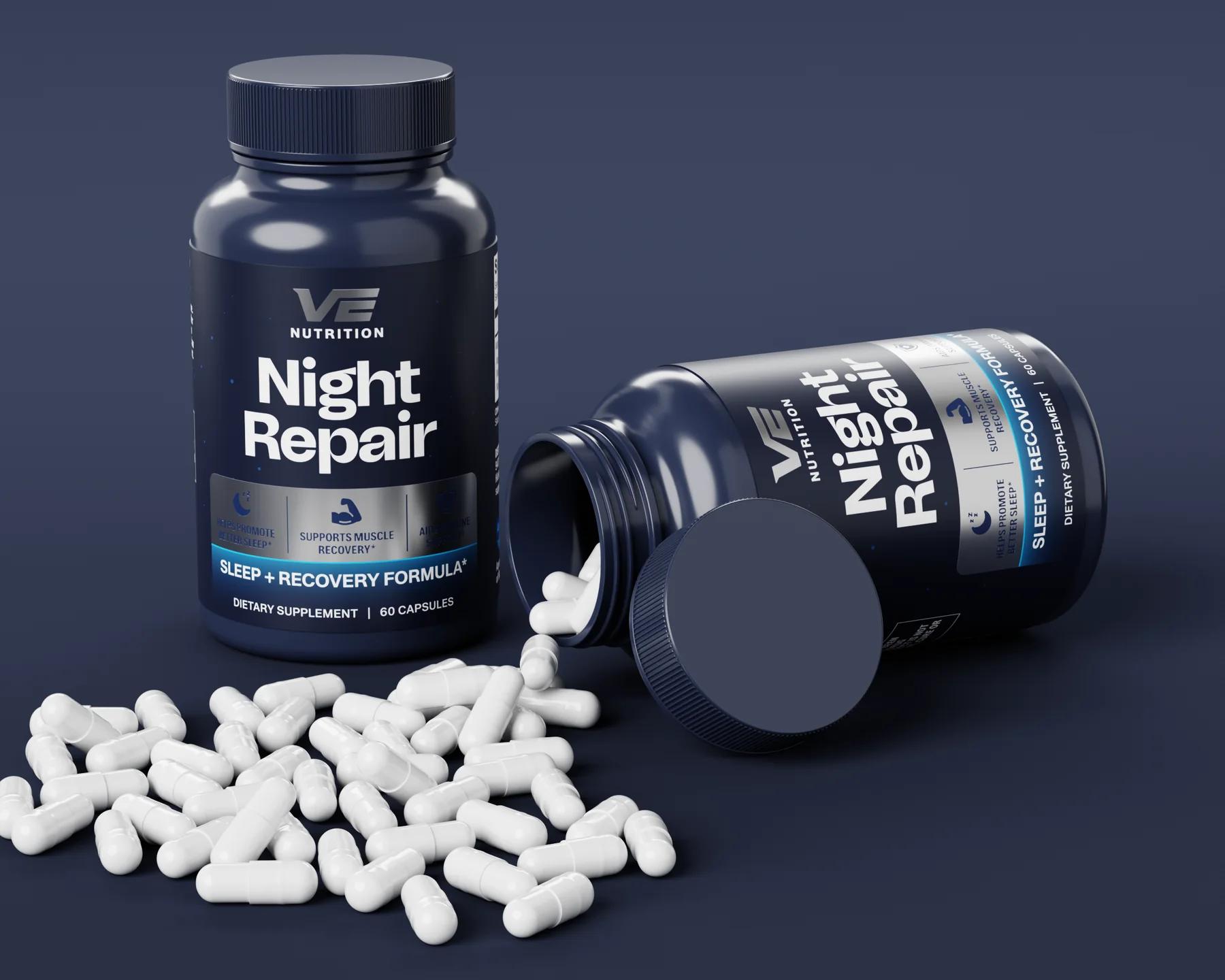 VE Nutrition Night Repair bottle tipped over with capsules spilling out, more bottles in the background