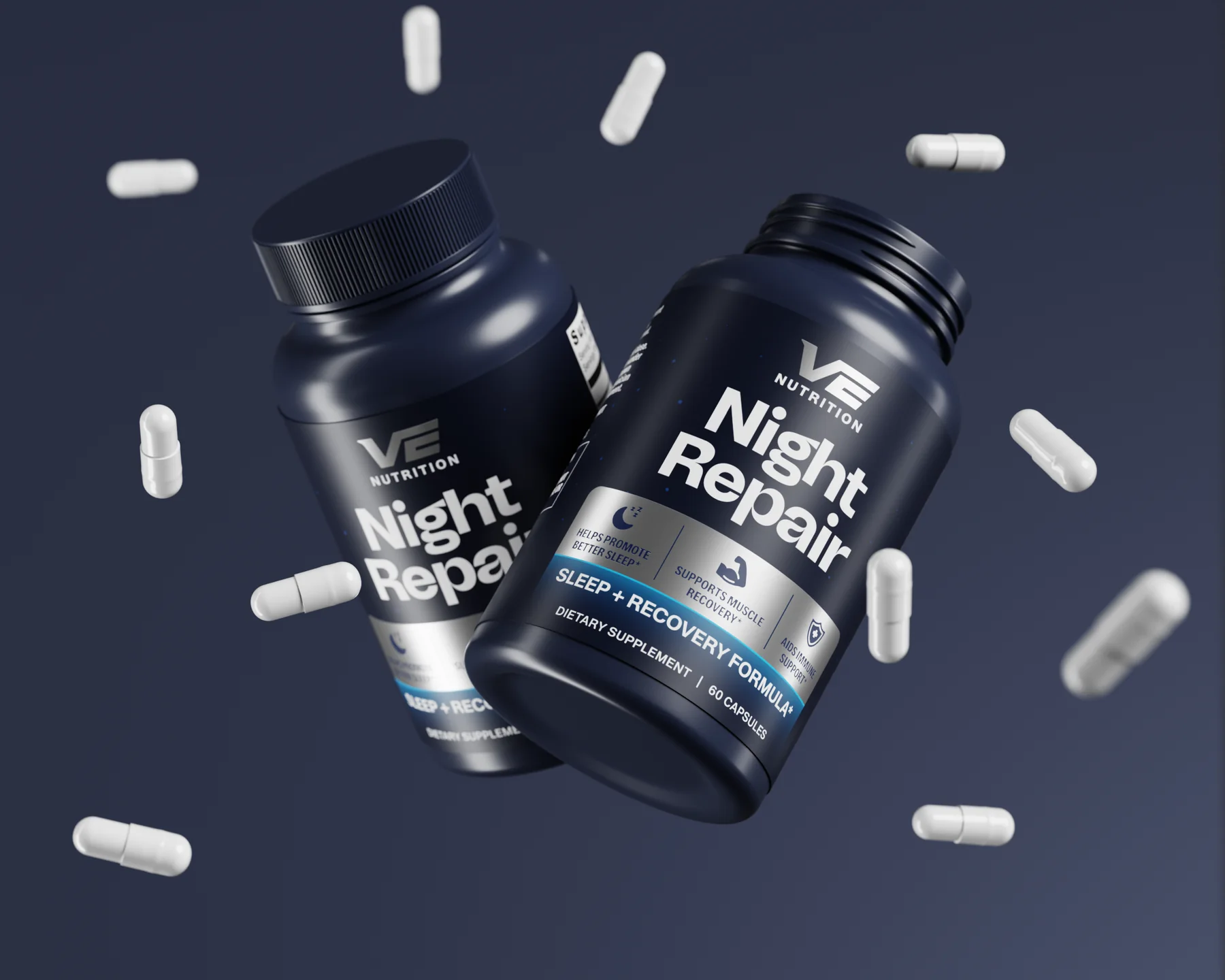 Two VE Nutrition Night Repair bottles with capsules floating around them