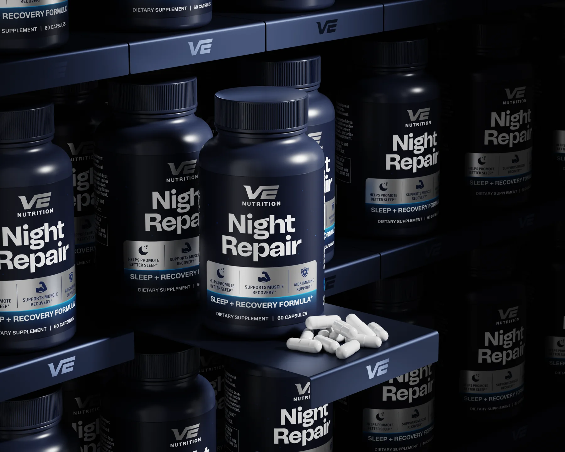 VE Nutrition Night Repair bottles stacked on dark shelving