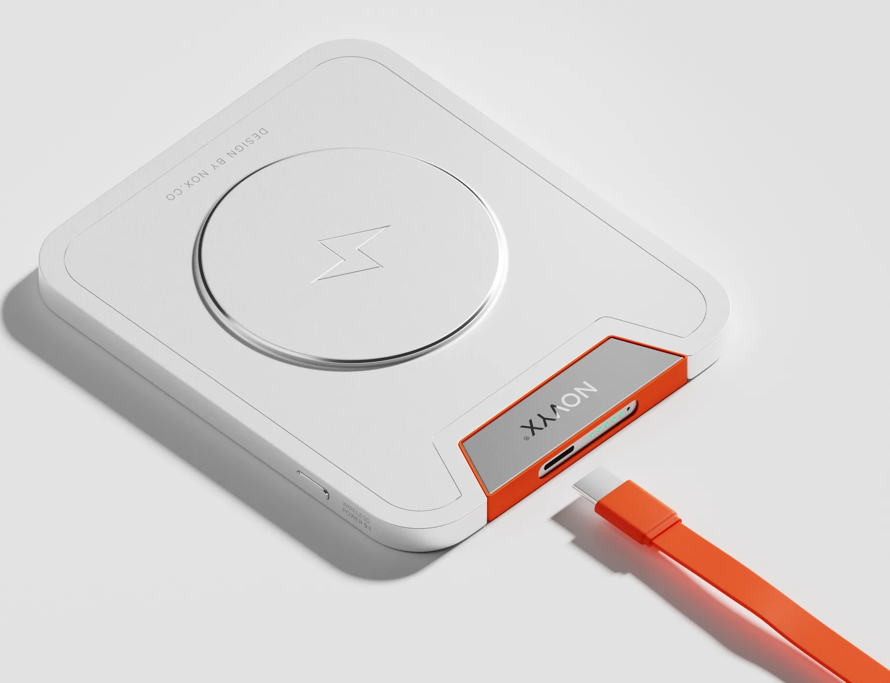 Novyx power bank from above with the orange cable