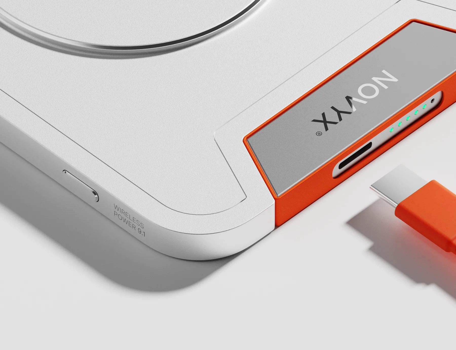 Corner of the Novyx power bank with its port and logo