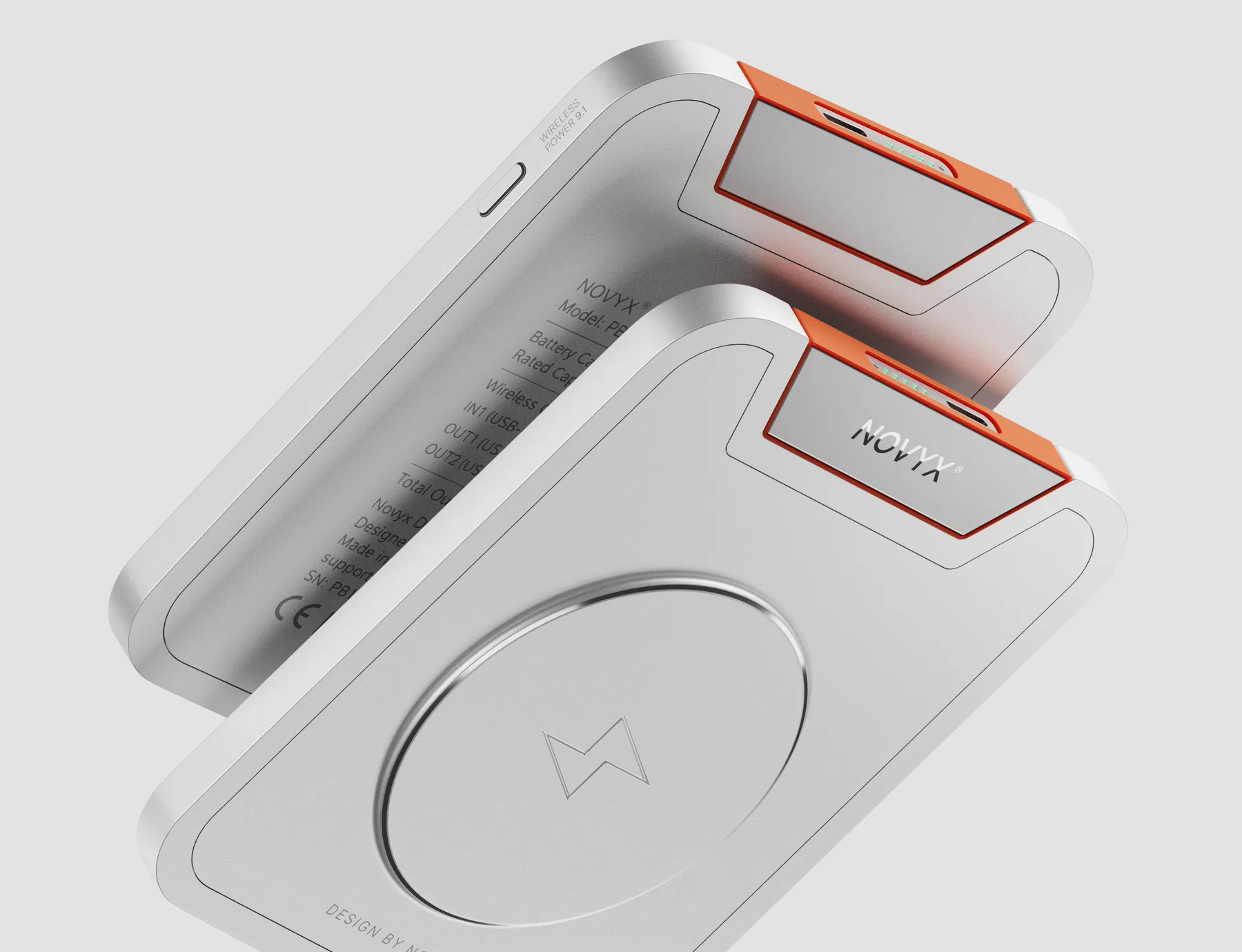 Two Novyx power banks, front and back