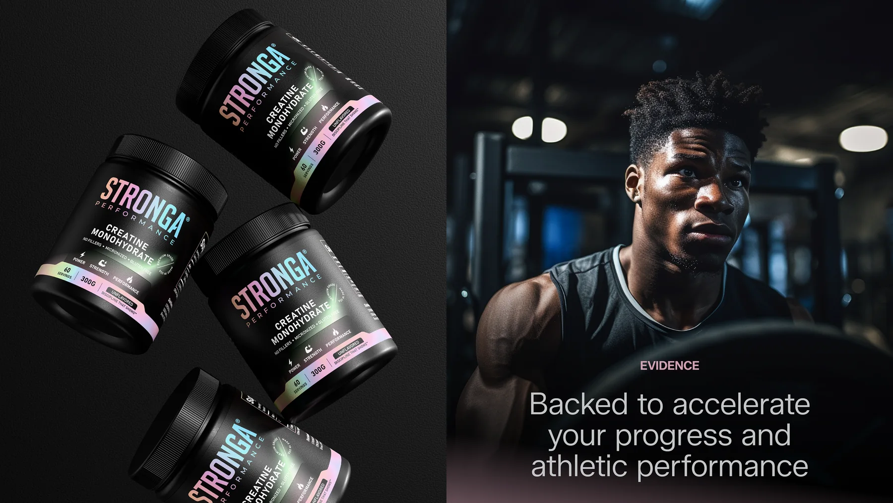Four Stronga Performance tubs beside an athlete training in a gym