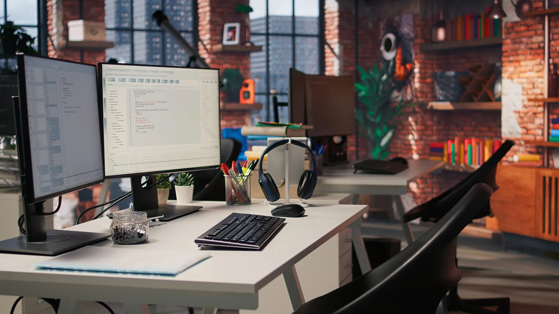 The Selvanes studio workspace: desk with two monitors, keyboard and headphones