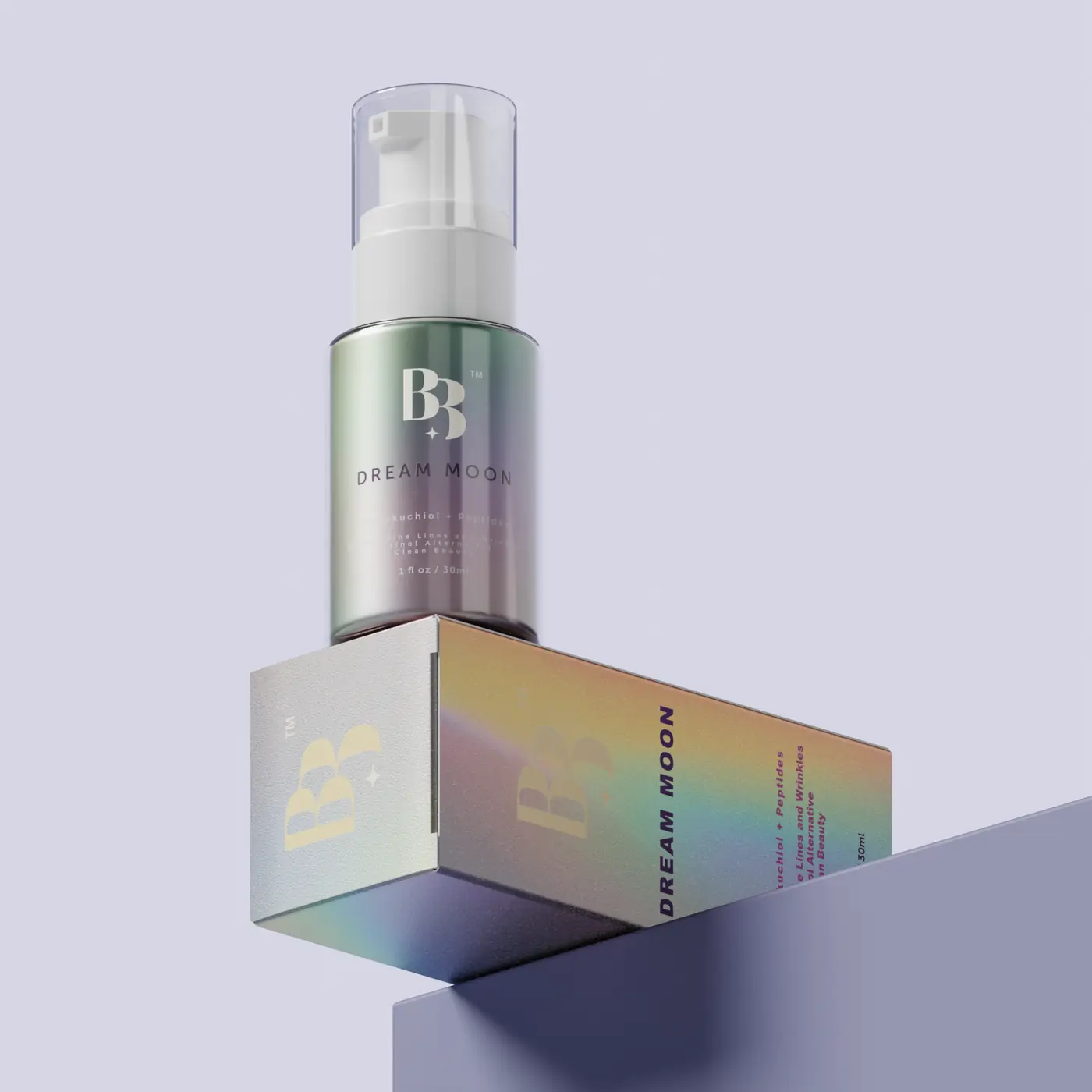 Dream Moon cosmetic spray bottle standing on its iridescent carton