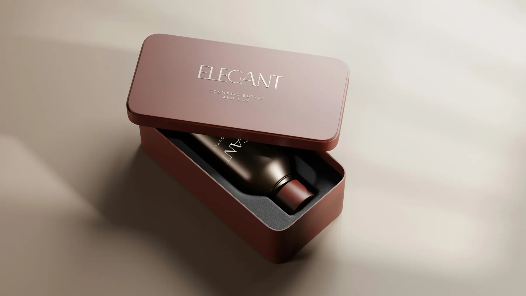 Burgundy metallic cosmetic box with embossed lettering, open to show a dark glass bottle