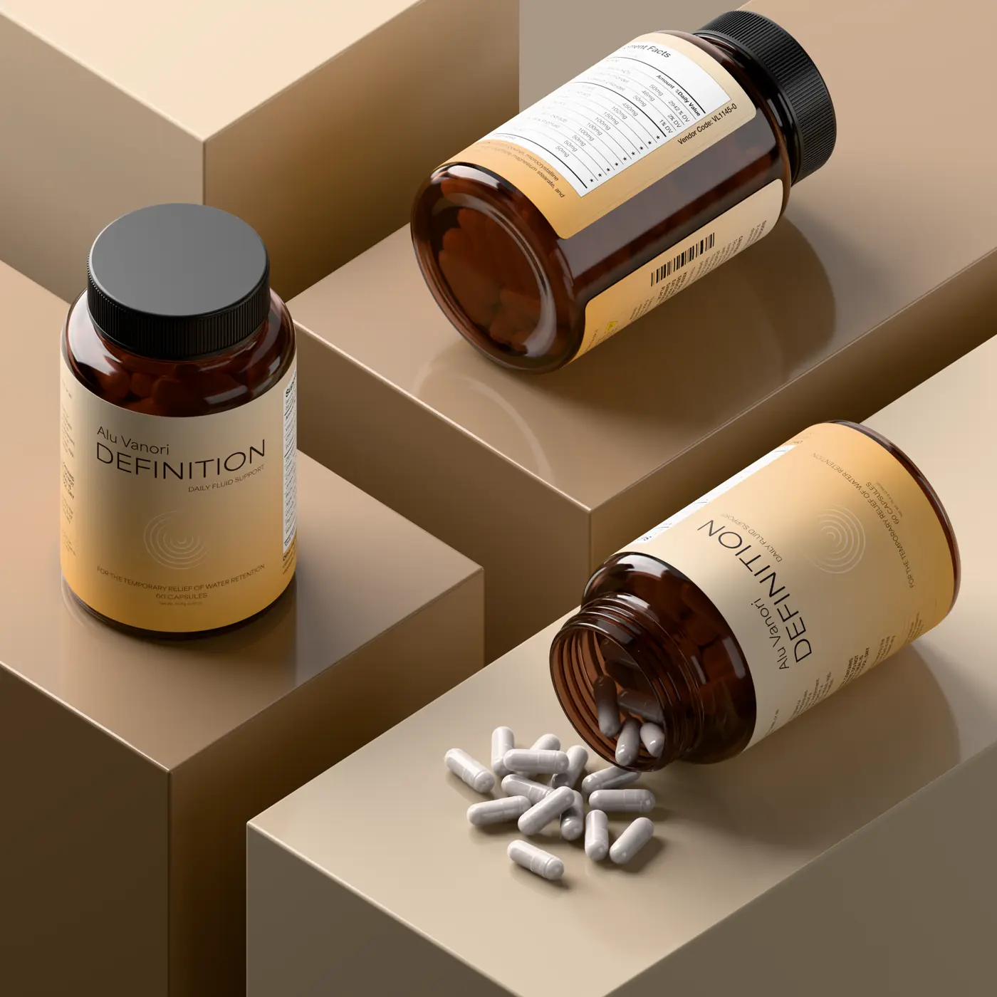 Three amber supplement bottles with cream labels on beige blocks, capsules spilling out