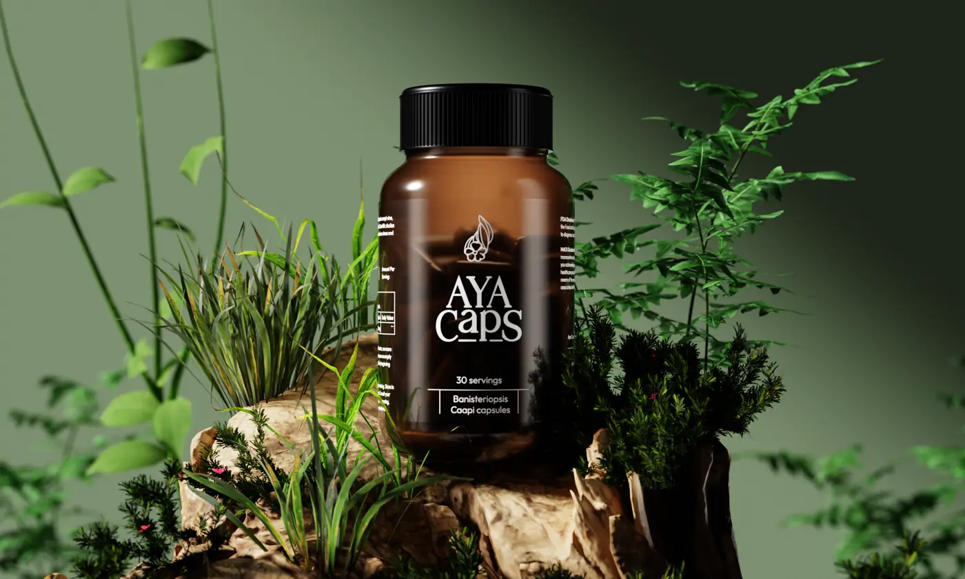 Photoreal 3D render of an amber supplement bottle in a plant scene